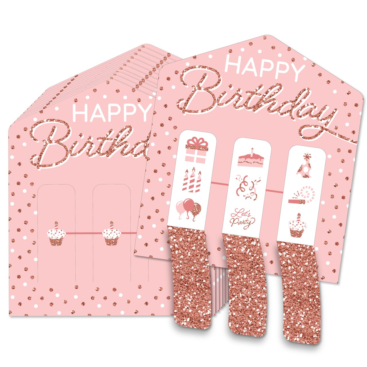 Big Dot of Happiness Pink Rose Gold Birthday - Happy Birthday Party Game Pickle Cards - Pull Tabs 3-in-a-Row - Set of 12